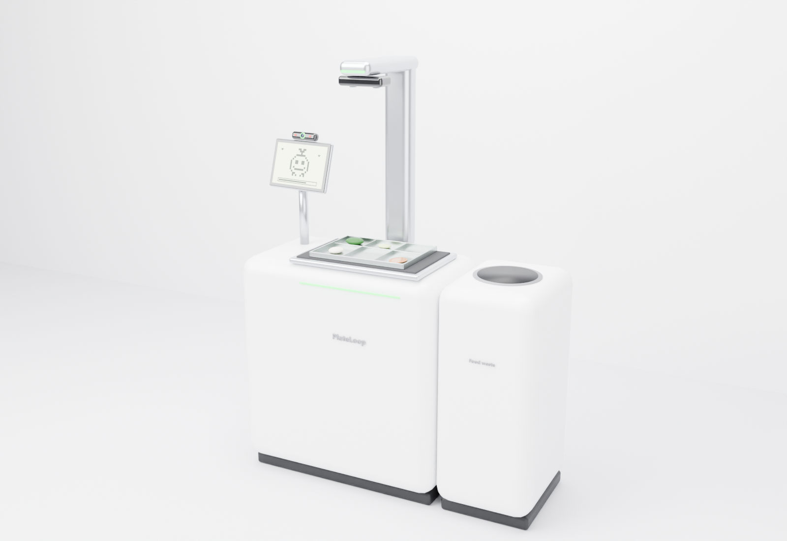 The PlateLoop Scanner, a white tray scanner with an overhead camera, a screen and a food waste bin